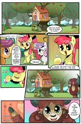 Size: 1800x2740 | Tagged: safe, artist:candyclumsy, artist:multi-commer, derpibooru import, apple bloom, scootaloo, sweetie belle, yona, earth pony, pegasus, pony, unicorn, yak, comic:the great big fusion 3, apple, apple tree, clubhouse, comic, concerned, crusaders clubhouse, cute, cutie mark crusaders, dialogue, drinking, enthusiastic, female, food, fusion, potion, tree, treehouse, yonadorable