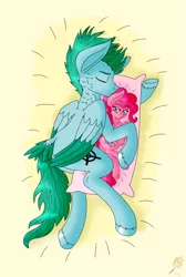 Size: 1675x2500 | Tagged: safe, artist:midnightfire1222, derpibooru import, pinkie pie, oc, oc:sure shot, earth pony, pegasus, pony, kissing, pinkie pie pillow, sleeping, solo