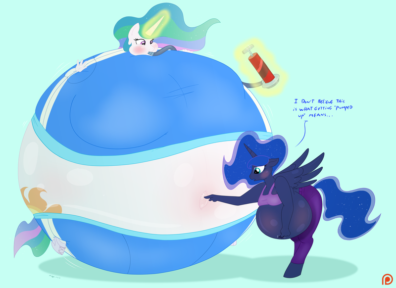 Size: 2640x1920 | Tagged: suggestive, artist:necrofeline, derpibooru import, princess celestia, princess luna, alicorn, anthro, air, air pump, belly, belly button, big belly, blimpestia, clothes, duo, duo female, female, gym clothes, hose, huge belly, hyper, hyper belly, hyper pregnancy, image, impossibly large belly, inflation, outie belly button, png, pregluna, pregnant, round, tanktop, violet beauregarde