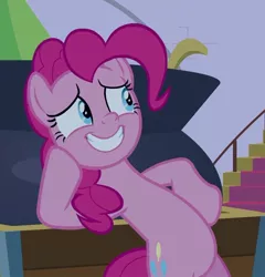 Size: 761x793 | Tagged: safe, derpibooru import, edit, edited screencap, screencap, pinkie pie, earth pony, pony, the summer sun setback, bipedal, bipedal leaning, cauldron, cropped, female, grin, hoof on cheek, hoof on hip, leaning, mare, nervous, nervous grin, smiling, solo