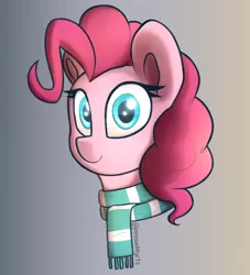 Size: 1134x1250 | Tagged: safe, artist:perezadotarts, derpibooru import, pinkie pie, earth pony, pony, bust, clothes, cute, diapinkes, female, hair, looking at you, mane, mare, portrait, scarf, simple background, smiling, solo, text