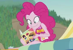 Size: 1456x994 | Tagged: safe, derpibooru import, screencap, feather bangs, pinkie pie, equestria girls, equestria girls series, friendship math, beach, beach chair, clothes, cropped, cute, diapinkes, faic, female, geode of sugar bombs, magazine, magical geodes, male, outdoors, ponk, sleeveless, smiling, swimsuit