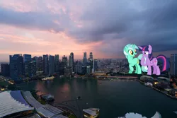 Size: 3840x2561 | Tagged: safe, artist:andoanimalia, artist:moongazeponies, derpibooru import, lyra heartstrings, twilight sparkle, twilight sparkle (alicorn), alicorn, pony, female, giant lyra heartstrings, giant pony, giantess, highrise ponies, irl, macro, mega lyra, mega twilight sparkle, photo, ponies in real life, singapore