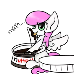 Size: 500x500 | Tagged: safe, artist:wisheslotus, derpibooru import, oc, oc:lily, unofficial characters only, pegasus, pony, female, food, licking, mare, micro, nutella, pegasus oc, simple background, sitting, tongue out, transparent background, wings
