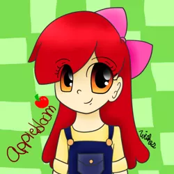 Size: 500x500 | Tagged: abstract background, apple bloom, artist:wisheslotus, bow, clothes, derpibooru import, female, hair bow, human, humanized, overalls, safe, signature, solo