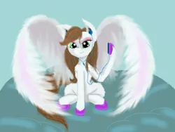 Size: 1600x1200 | Tagged: safe, artist:auroraswirls, derpibooru import, oc, oc:sky feather, unofficial characters only, pegasus, pony, earbuds, female, hoof hold, ipod, mare, music player, pegasus oc, solo, spread wings, unshorn fetlocks, wings