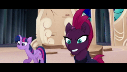Size: 1920x1080 | Tagged: safe, derpibooru import, screencap, storm king, tempest shadow, twilight sparkle, twilight sparkle (alicorn), alicorn, pony, unicorn, yeti, my little pony: the movie, adorable distress, animated, anime eyes, antagonist, bleh, broken horn, canterlot castle, cross-eyed, crown, cute, eye scar, eyelashes, faic, fangs, female, frown, group hug, holding a pony, horn, horns, hug, jewelry, male, mare, mocking, open mouth, regalia, sarcasm, scar, smiling, sound, squeezing, squishy, staff, staff of sacanas, stained glass, storm king's emblem, stormabetes, talking, tempestbetes, tongue out, trio, twiabetes, villains touching twilight, webm