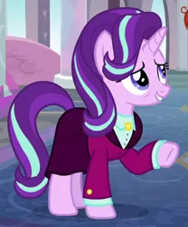 Size: 320x385 | Tagged: safe, derpibooru import, screencap, starlight glimmer, pony, unicorn, the last problem, all is well, bags under eyes, clothes, cropped, grin, headmare starlight, older, older starlight glimmer, raised hoof, school of friendship, smiling, solo, suit