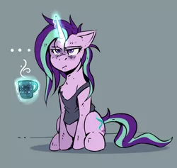 Size: 1000x948 | Tagged: safe, artist:lostdreamm, derpibooru import, starlight glimmer, pony, unicorn, bags under eyes, clothes, female, glowing horn, horn, mare, messy mane, morning ponies, mug, not a morning pony, solo, tanktop