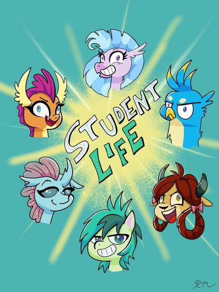 Size: 774x1032 | Tagged: safe, artist:catscratchpaper, derpibooru import, gallus, ocellus, sandbar, silverstream, smolder, yona, classical hippogriff, dragon, earth pony, gryphon, hippogriff, pony, yak, my little pony: pony life, bean mouth, bow, cute, diaocelles, diastreamies, dragoness, female, gallabetes, gallus is not amused, hair bow, looking at you, monkey swings, sandabetes, smolderbetes, student six, style emulation, unamused, yonadorable
