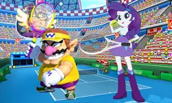 Size: 1438x864 | Tagged: safe, artist:sugar-loop, artist:uxyd, artist:vg805smashbros, derpibooru import, rarity, human, equestria girls, barely eqg related, crossover, mario tennis, mario tennis aces, nintendo, sports, super mario bros., tennis, tennis ball, tennis court, tennis racket, wario, warity