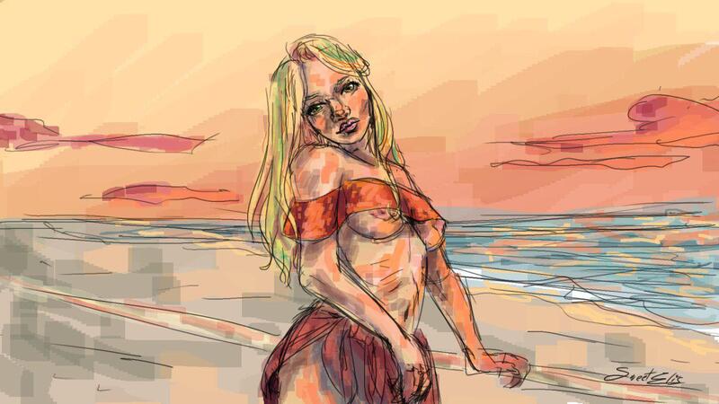 Size: 1280x720 | Tagged: artist:elisdoominika, beach, breasts, clothes, derpibooru import, human, humanized, nipples, nudity, oc, oc:amber, questionable, sunset