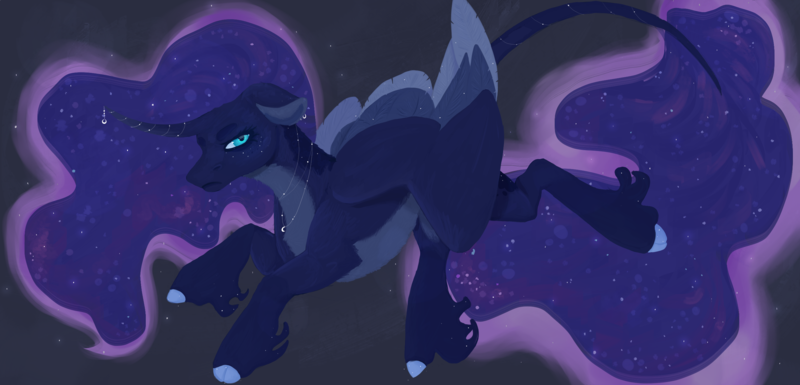 Size: 2700x1300 | Tagged: safe, artist:isorrayi, derpibooru import, princess luna, alicorn, pony, alternate design, colored wings, countershading, curved horn, female, horn, looking at you, mare, multicolored wings, solo, wings