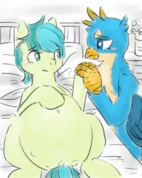 Size: 1600x2000 | Tagged: safe, artist:gamijack, derpibooru import, gallus, sandbar, earth pony, gryphon, pony, bed, belly, belly button, big belly, blushing, duo, flower, gallbar, gay, looking at each other, male, male pregnancy, on back, pregnant, shipping, teenager