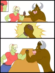 Size: 2992x3952 | Tagged: safe, artist:matchstickman, derpibooru import, granny smith, oc, unnamed oc, anthro, earth pony, minotaur, comic:free cider, arm wrestling, biceps, breasts, busty granny smith, clothes, comic, deltoids, duo, female, granny smash, jeans, male, mare, muscles, no dialogue, pants, shirt, simple background, sweat, sweatdrop, table, white background, younger, young granny smith