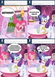 Size: 1380x1924 | Tagged: safe, artist:pippy, derpibooru import, pinkie pie, rarity, pony, pinkiepieskitchen, apron, clothes, comic, magic, measuring tape, paper, pencil