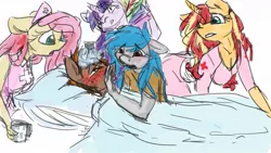 Size: 1280x720 | Tagged: anthro, artist:elisdoominika, derpibooru import, falis, fluttershy, hat, nurse, nurse hat, nurse outfit, oc, oc:fahu, oc:sweet elis, safe, sick, sunset shimmer, twilight sparkle, worried