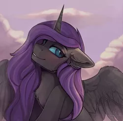 Size: 1600x1580 | Tagged: safe, artist:ritter, derpibooru import, oc, oc:nyx, unofficial characters only, alicorn, pony, beautiful, blushing, chest fluff, ear fluff, feather, female, nightmare eyes, older, sky, solo, spread wings, wings