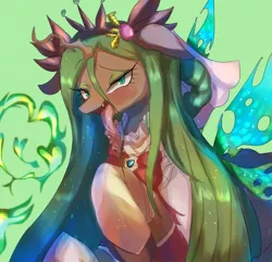 Size: 1038x1000 | Tagged: suggestive, artist:flyger, derpibooru import, queen chrysalis, changeling, changeling queen, blushing, clothes, female, looking at you, solo, tongue out