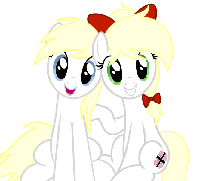 Size: 3131x2665 | Tagged: safe, artist:accu, derpibooru import, oc, oc:aryanne, oc:kyrie, earth pony, pony, aryan, aryan pony, blonde, blonde mane, blue eyes, cute, duo, duo female, female, green eyes, grin, head tilt, looking at you, mare, nazi, nazipone, open mouth, raised hoof, sitting, smiling, wingless