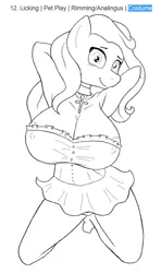 Size: 600x1015 | Tagged: anthro, areola, areola slip, arm behind head, armpits, artist:dosey--doe, big breasts, breasts, choker, cleavage, clothes, derpibooru import, erect nipples, female, huge breasts, kneeling, lineart, monochrome, nipple outline, oc, oc:dosey doe, simple background, solo, solo female, source needed, suggestive, unofficial characters only, white background