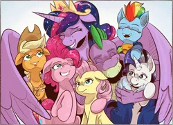 Size: 1773x1275 | Tagged: safe, artist:saturdaymorningproj, derpibooru import, applejack, fluttershy, pinkie pie, princess twilight 2.0, rainbow dash, rarity, spike, twilight sparkle, twilight sparkle (alicorn), alicorn, dragon, earth pony, pegasus, pony, unicorn, the last problem, end of ponies, gigachad spike, group hug, hug, mane seven, mane six, older, older applejack, older fluttershy, older mane seven, older mane six, older pinkie pie, older rainbow dash, older rarity, older spike, older twilight, skunk stripe