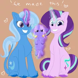 Size: 4000x4000 | Tagged: safe, artist:mischievousartist, derpibooru import, starlight glimmer, trixie, oc, oc:sapphire dawn lulamoon, classical unicorn, pony, unicorn, cloven hooves, family, female, filly, i made this, leonine tail, lesbian, magical lesbian spawn, mare, offspring, parent:starlight glimmer, parent:trixie, parents:startrix, shipping, sitting, smiling, startrix, unshorn fetlocks