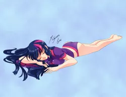 Size: 1017x786 | Tagged: safe, artist:shinta-girl, derpibooru import, twilight sparkle, human, equestria girls, anime style, ass, barefoot, breasts, butt, clothes, feet, human coloration, humanized, legs, panties, sleeping, solo, twibutt, underwear, undies