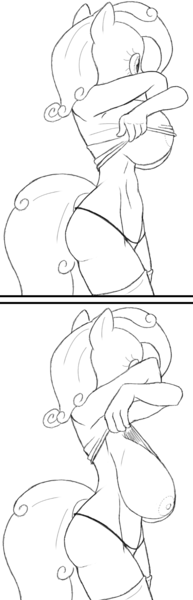 Size: 486x1508 | Tagged: anthro, areola, artist:dosey--doe, big breasts, braless, breasts, clothes, derpibooru import, exposed breasts, female, huge breasts, lineart, monochrome, nipples, nudity, oc, oc:dosey doe, panties, partial nudity, questionable, shirt, shirt lift, simple background, solo, solo female, thong, titty drop, underwear, white background