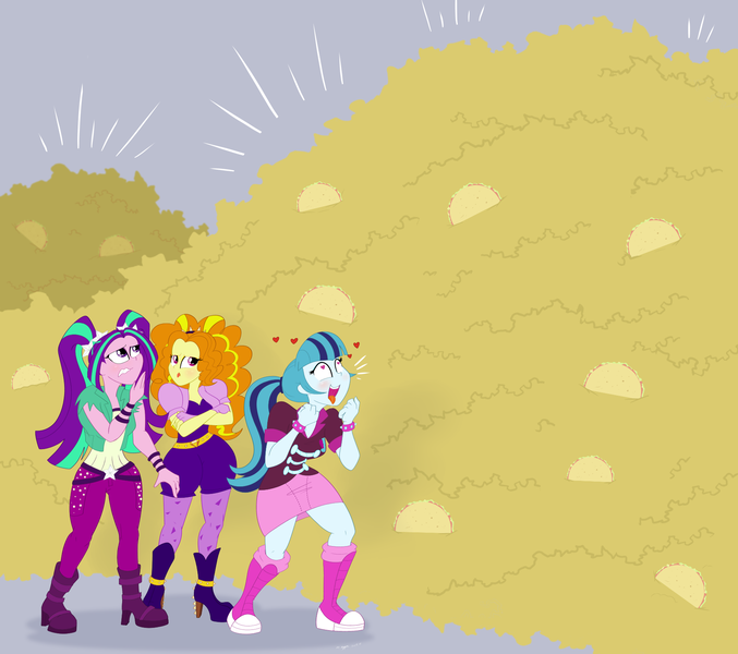 Size: 1800x1596 | Tagged: safe, artist:necrofeline, derpibooru import, adagio dazzle, aria blaze, sonata dusk, human, series:taco tuesday (weight gain), equestria girls, blushing, floating heart, food, gray background, heart, heart eyes, image, png, simple background, sonataco, taco, that girl sure loves tacos, the dazzlings, this will end in weight gain, tongue out, weight gain sequence, wingding eyes