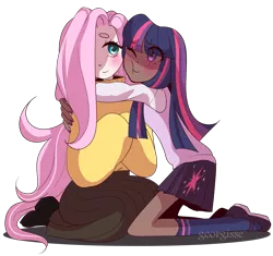 Size: 923x866 | Tagged: alternate hairstyle, artist:georgisse-tyan, blushing, boots, clothes, cute, dark skin, derpibooru import, female, flats, fluttershy, hug, human, humanized, kneeling, lesbian, long skirt, mary janes, one eye closed, safe, shipping, shirt, shoes, shyabetes, simple background, skirt, socks, sweater, sweatershy, transparent background, twiabetes, twilight sparkle, twishy, wink