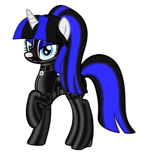 Size: 3840x4154 | Tagged: safe, alternate version, artist:damlanil, derpibooru import, oc, oc:coldlight bluestar, pony, unicorn, bondage, bondage mask, catsuit, clothes, collar, female, gag, gimp suit, high heels, hood, horn, latex, latex suit, makeup, mare, muzzle gag, raised hoof, rubber, shiny, shoes, simple background, solo, transparent background