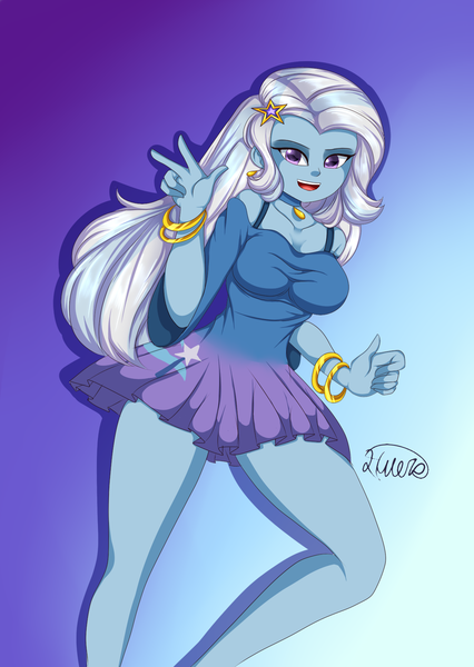 Size: 1240x1748 | Tagged: safe, artist:hwers, derpibooru import, trixie, equestria girls, barrette, beautiful, bracelet, breasts, busty trixie, cleavage, clothes, dress, female, jewelry, legs, looking at you, necklace, solo, thighs