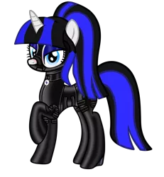 Size: 3840x4154 | Tagged: safe, alternate version, artist:damlanil, derpibooru import, oc, oc:coldlight bluestar, pony, unicorn, bondage, bondage mask, catsuit, clothes, collar, female, gag, gimp suit, high heels, hood, horn, latex, latex suit, makeup, mare, muzzle gag, raised hoof, rubber, shiny, shoes, simple background, solo, transparent background