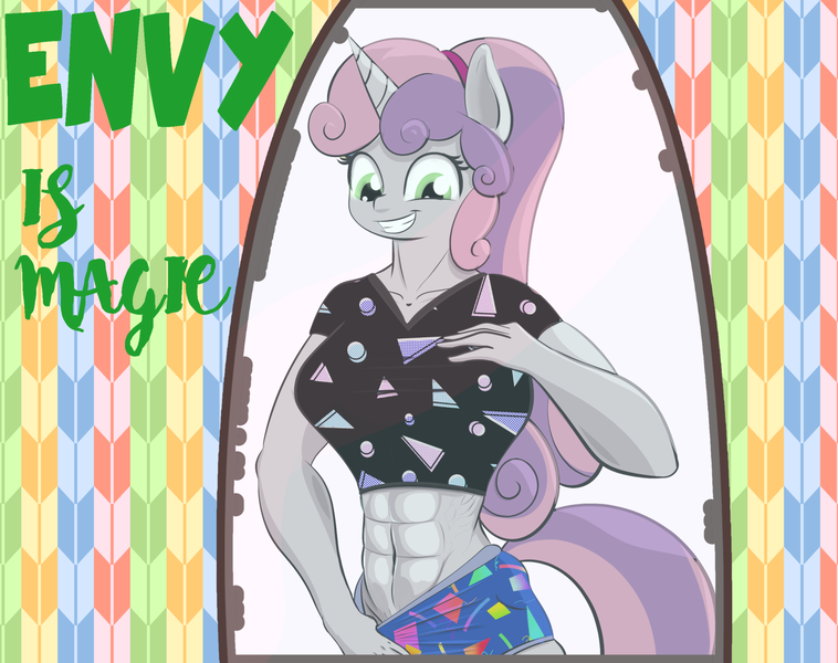 Size: 1680x1330 | Tagged: abs, anthro, artist:cosmonaut, belly button, breasts, busty sweetie belle, cover art, derpibooru import, fanfic, fanfic art, fanfic cover, implied growth, midriff, mirror, muscles, older, older sweetie belle, smiling, solo, suggestive, sweetie barbell, sweetie belle