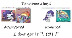 Size: 1060x562 | Tagged: safe, deleted from derpibooru, derpibooru import, rainbow dash, rarity, pegasus, pony, unicorn, derpibooru, my little pony: pony life, critical research failure, downvote, drama, logic, meta, ms paint, ok boomer, pony life drama, shrug, upvote, wat, why, wtf