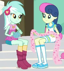 Size: 690x770 | Tagged: safe, derpibooru import, screencap, bon bon, lyra heartstrings, sweetie drops, a queen of clubs, equestria girls, equestria girls series, adorabon, cropped, cute, duo, duo female, female, headband, knitting, knitting needles, looking at each other, lyrabetes, sitting, smiling, steps