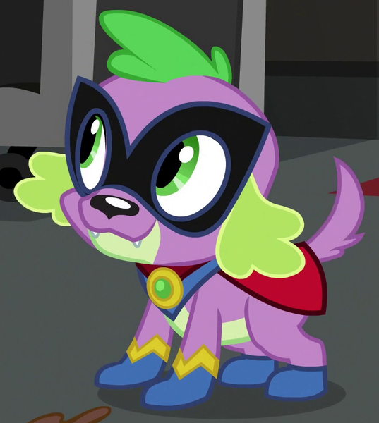 Size: 730x815 | Tagged: safe, derpibooru import, screencap, humdrum, spike, spike the regular dog, dog, equestria girls, movie magic, spoiler:eqg specials, clothes, costume, cropped, cute, power ponies, solo, spikabetes