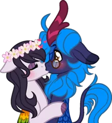 Size: 800x872 | Tagged: safe, artist:space-higanbana, derpibooru import, oc, oc:azure splash, oc:blissful solstice, unofficial characters only, kirin, pegasus, pony, base used, blushing, female, floral head wreath, flower, glasses, kirin oc, kissing, male, mare, show accurate, simple background, transparent background