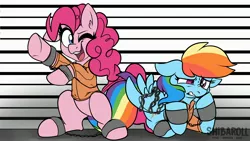 Size: 3840x2160 | Tagged: safe, artist:shiba_roll, artist:shibaroll, deleted from derpibooru, derpibooru import, pinkie pie, rainbow dash, pony, bound wings, chains, clothes, confused, cuffs, duo, one eye closed, prison outfit, prisoner rd, shackles, varying degrees of want, wings, wink