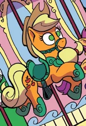 Size: 290x421 | Tagged: applejack, bridle, carousel, cropped, derpibooru import, idw, inanimate tf, merry-go-round, saddle, safe, scootaloo, solo focus, spoiler:comic, spoiler:comic78, tack, transformation