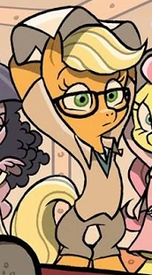 Size: 172x310 | Tagged: safe, artist:jay fosgitt, derpibooru import, idw, applejack, fluttershy, earth pony, pony, spoiler:comic, spoiler:comicffomnibus2, bipedal, brad majors, clothes, costume, cropped, glasses, solo focus