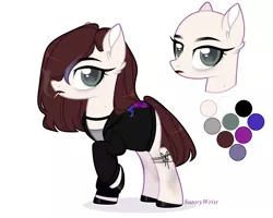 Size: 3167x2535 | Tagged: safe, artist:rerorir, derpibooru import, oc, oc:cut crease, unofficial characters only, earth pony, pony, choker, cigarette, clothes, female, freckles, jacket, leather jacket, lipstick, mare, mascara, multicolored hair, nail polish, raised hoof, reference sheet, shirt, simple background, smoke, smoking, solo, t-shirt, unshorn fetlocks, white background