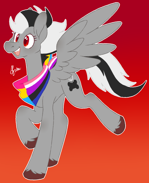 Size: 1439x1767 | Tagged: artist:polymercorgi, bandana, cutie mark, derpibooru import, fangs, genderfluid, genderfluid pride flag, oc, oc:flaw, pansexual, pansexual pride flag, pegasus, pride, pride flag, red eyes, safe, solo, unshorn fetlocks