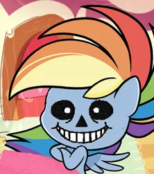 Size: 332x374 | Tagged: safe, derpibooru import, edit, edited screencap, screencap, rainbow dash, pegasus, pony, my little pony: pony life, blessed image, blursed image, cropped, crossed arms, cursed image, female, mare, sans (undertale), solo, undertale