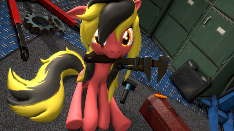 Size: 3840x2160 | Tagged: safe, artist:unnero1, derpibooru import, oc, oc:high gear, unofficial characters only, earth pony, pony, 3d, carpet, cute, garage, gears, hammer, lockers, looking at you, mouth hold, ocbetes, screwdriver, sitting, toolbox, wrench