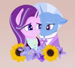 Size: 5000x4500 | Tagged: safe, artist:nyota71, derpibooru import, starlight glimmer, trixie, pony, unicorn, the last problem, bust, clothes, female, flower, hyacinth, jewelry, lesbian, looking at each other, mare, older, older starlight glimmer, older trixie, one eye closed, shipping, smiling, startrix, suit, sunflower