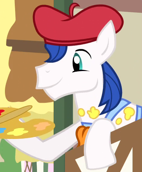 Size: 461x557 | Tagged: safe, derpibooru import, screencap, acrylic paint (character), earth pony, pony, pinkie pride, beret, cropped, hat, male, solo, stallion