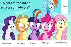 Size: 1276x838 | Tagged: alicorn, applejack, bubblegum, candy, derpibooru import, fluttershy, food, fruit snacks, grapes, gum, lemon heads, mane six, marshmallow, misspelling, my fur isn't actually x it's just covered in y, pinkie pie, rainbow dash, rarity, rarity is a marshmallow, safe, skittles, twilight sparkle, twilight sparkle (alicorn)