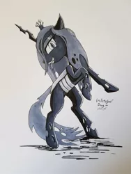 Size: 774x1032 | Tagged: safe, artist:ilicksunshine, derpibooru import, queen chrysalis, changeling, changeling queen, female, inktober, inktober 2019, rearing, solo, tongue out, traditional art